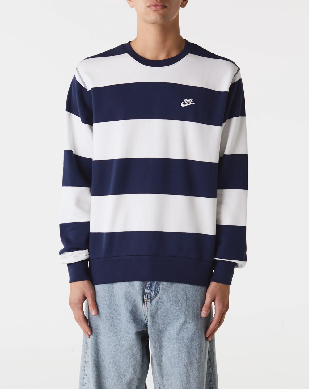 Nike Club Fleece Striped Terry Crew Sweatshirt Navy White FN3106-410 Mens Size S